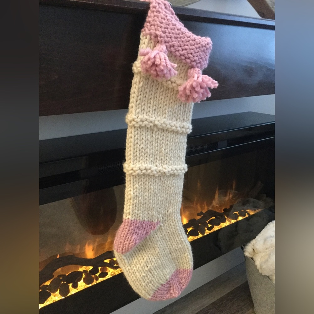 NWT Christmas Stocking sock hand knit tassels pompoms chunky Wool/acrylic large